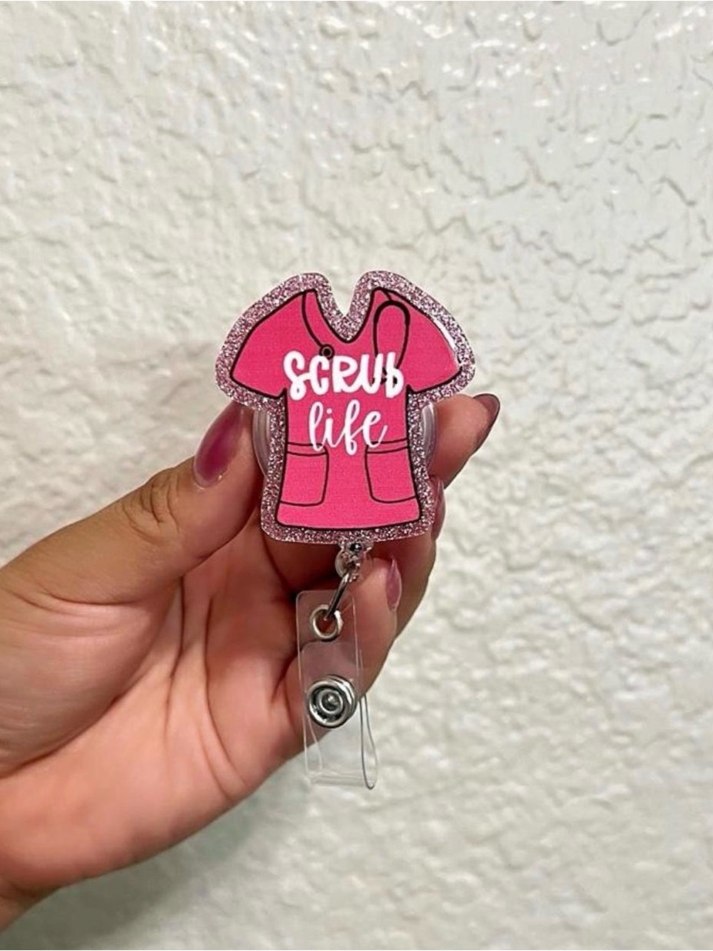 Scrub Life” Pink Glitter Retractable Badge Reel | 360° Rotating Alligator Clip